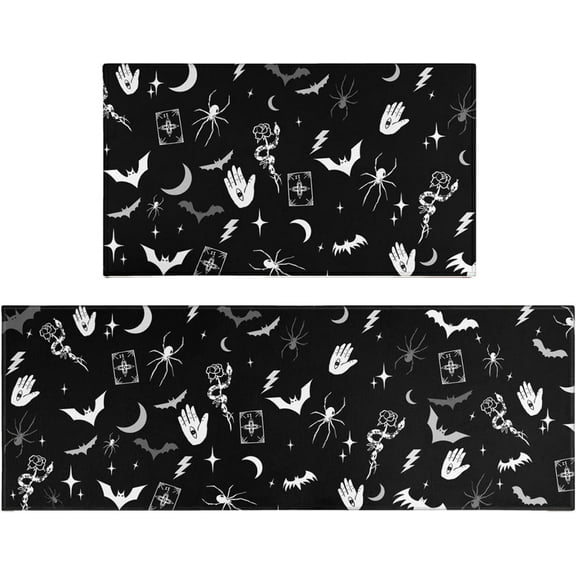 Gothic Kitchen Rug Set of 2, Goth Rug, Witch Rug, Black Halloween Spooky Kitchen Mat, Runner Rugs, Carpet- Gothic Kitchen Decor Accessories- Witchy Rugs for Home Kitchen Large17x30 and 17x47 Inch