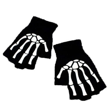 Gothic Knitted Black with White Skeleton Bones Fingerless Gloves Sale Punk -US N0E5