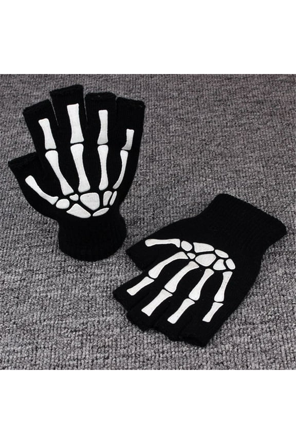 Gothic Knitted Black with White Skeleton Bones Fingerless Sale Gloves Punk J3J3