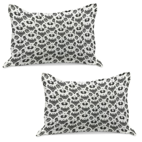 Gothic Knitted Quilt Pillowcover Set of 2, Victorian Floral Motifs and Owl Classical Vintage Flourishes, Standard Queen Pillow Sham Bedroom, 30" x 20", Black Grey White, by Ambesonne