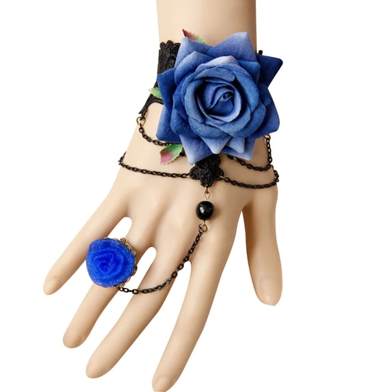 Gothic Lace Bracelet with Finger Ring Rose Flower Bracelet Lolita Costume Party Hand Chain for Women