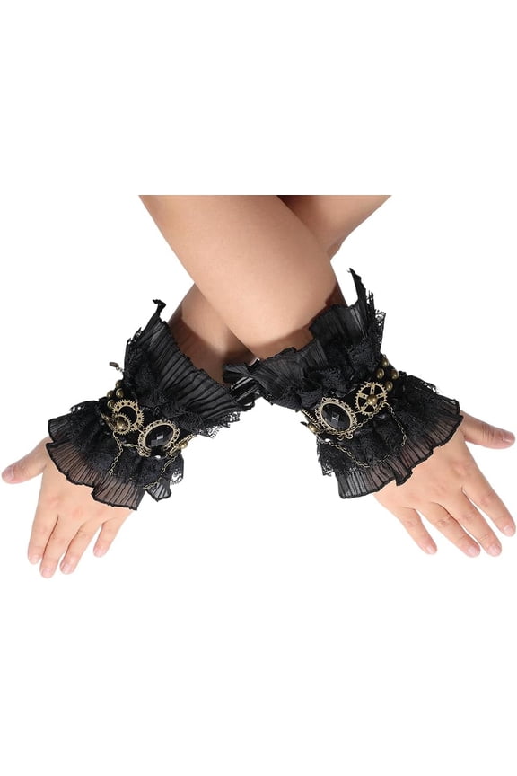 Gothic Lace Bracelets Gloves Hand Sleeve Steampunk Vampire Wristband Black Rhinestones Elastic Wrist Cuff with Chain Dress Accessories