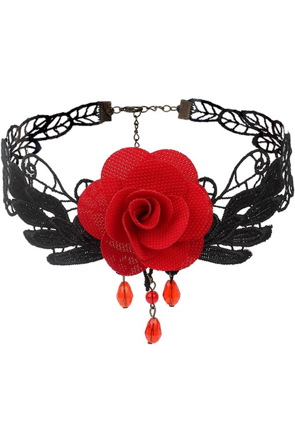 Gothic Lace Choker Necklace for Women Vintage Goth Rose Velvet Vampire Necklace Hollowed Out Lace Crystal Tassel Necklace Halloween Vampire Party Charm Jewelry
