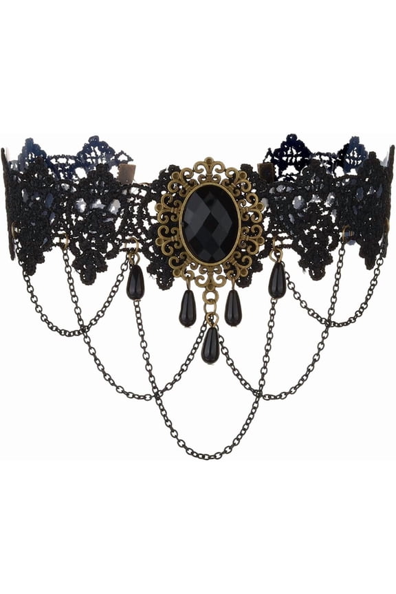 Gothic Lace Choker Necklace for Women,Vintage Red Black Crystal Pendant Necklaces Punk Style Vampire Necklace Hollowed Out Layer Necklaces Halloween Jewelry Accessories