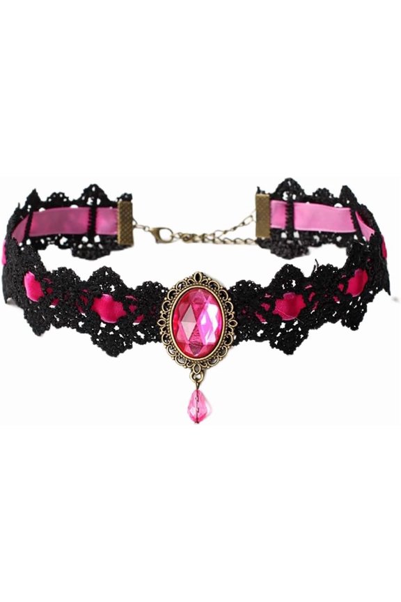 Gothic Lace Choker Necklace with Vintage Crystal Gems - Vampire Bat Design, Perfect for Halloween, Parties & Costumes