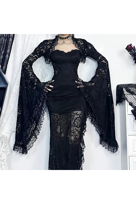 Gothic Lace Shrug-Black Bolero for Women, Victorian See-Through Mesh Lace Cardigan, Long Sleeve Fake Collar Cover Up, Y2K Crop Top Shawl Wraps for Formal Events, Costume Occasions & Daily Wear