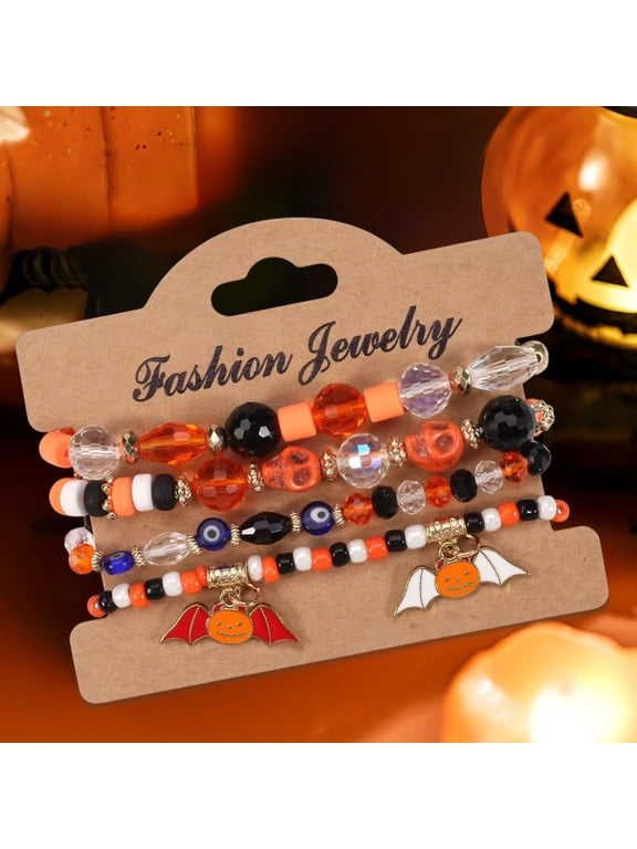 Gothic Layered Beaded Bracelets Set Of 5 Halloween Stackable Stretch Cuffs For Women Spooky Skull Ghost Spider Pumpkin Charms