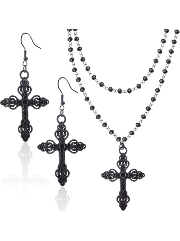 Gothic Layered Cross Necklace Black Alloy Acrylic Beaded Pendant Necklaces Choker Chains Cross Earrings Goth Jewelry Set for Women Halloween Party Clothing Accessories Gift