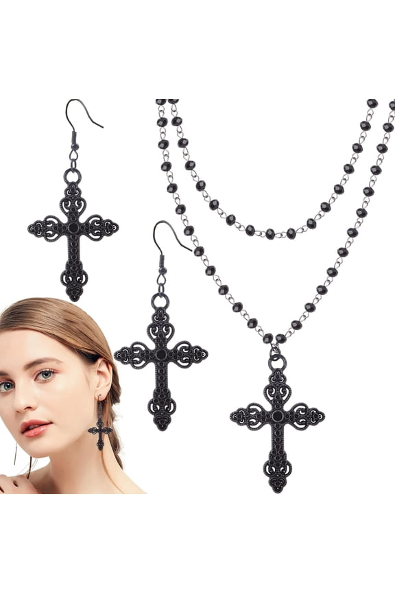 Gothic Layered Cross Necklace Black Alloy Acrylic Beaded Pendant Necklaces Choker Chains Cross for Women Halloween Party Clothing Accessories Gift