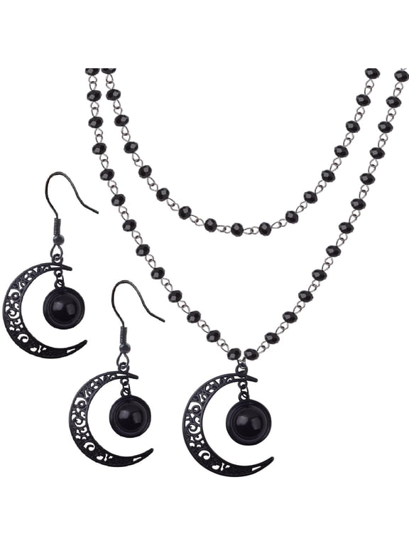 Gothic Y2K Jewelry Set, Layered Black Beaded Crescent Moon Star Pendant Necklace & Dangle Earrings, Witchy Goth Halloween Christmas Accessories for Women Gifts