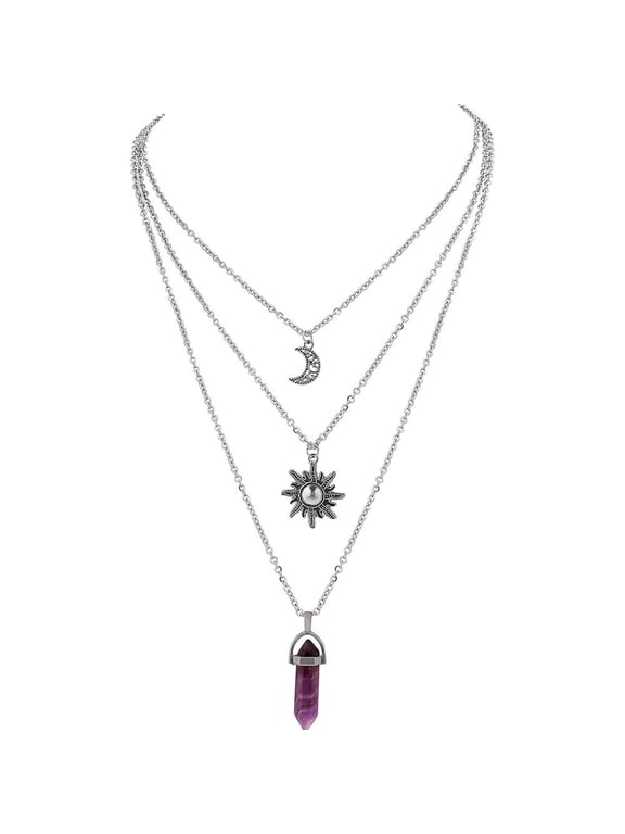 Gothic Layering Necklace Sun Moons Black Crystal Pendant Witch Jewelry For Women Adjustable Length Neckchain