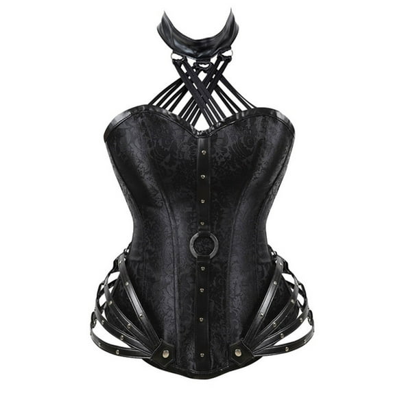 Gothic Leather Corset Tops for Women Plus Size Halter Steampunk Bustier Corsets Floral Boned Overbust Body Shaper Black, L
