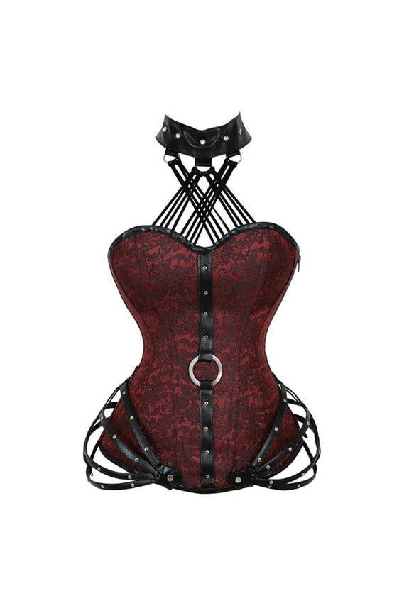 Gothic Leather Corset Tops for Women Plus Size Halter Steampunk Bustier Corsets Floral Boned Overbust Body Shaper Red, L