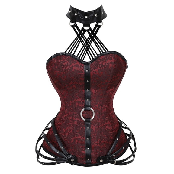 Gothic Leather Corset Tops for Women Plus Size Halter Steampunk Bustier Corsets Floral Boned Overbust Body Shaper Red, XXXXL