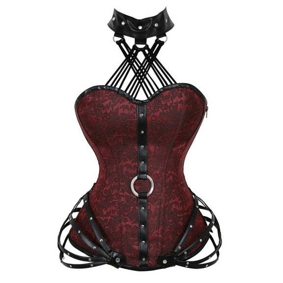 Gothic Leather Corset Tops for Women Plus Size Halter Steampunk Bustier Corsets Floral Boned Overbust Body Shaper Red, XXXXXL