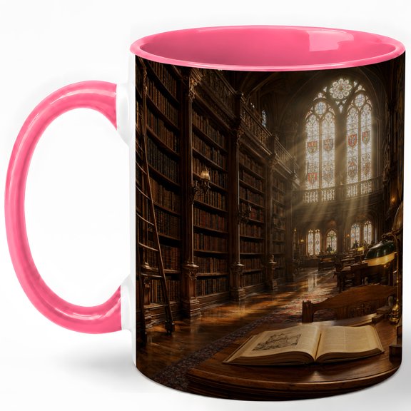 Gothic Library Coffee Mug, Vintage Bookshelf Reading Room Design, 11 oz Ceramic Cup