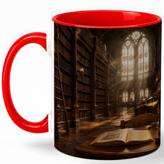 Gothic Library Coffee Mug, Vintage Bookshelf Reading Room Design, 11 oz Ceramic Cup