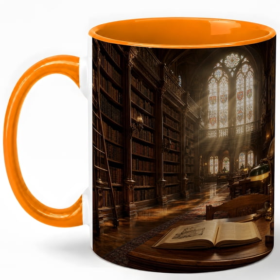 Gothic Library Coffee Mug, Vintage Bookshelf Reading Room Design, 11 oz Ceramic Cup