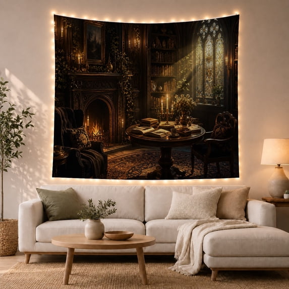 Gothic Library With Fireplace and Bookshelves, Moody Vintage for Book Lovers, Dark Academia Study Decor, Halloween Gift Tapestry Wall Hanging for Bedroom and Dorm
