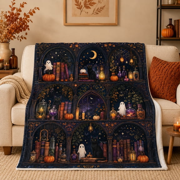 Gothic Library Halloween Blanket with Ghosts, Black Cats, Pumpkins, Potion Bottles and Moon, Flannel Throw with Vintage Bookshelf Art for Sofa Bed, 50 x 60 in