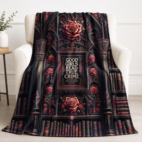 Gothic Library Rose Print Fleece Blanket, Soft Polyester Throw