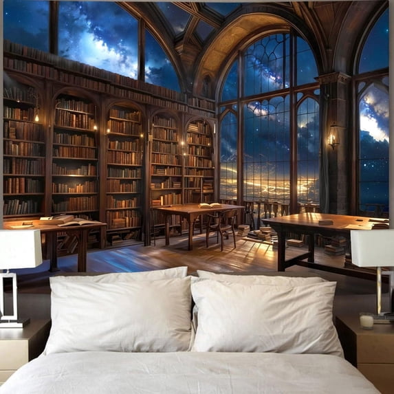 Gothic Library Tapestry Vintage Medieval Bookshelf Tapestries Wall Hanging Fantasy Space Academia Book Large Tapestry for Bedroom Living Room Dorm Classroom 90 x 60 inch