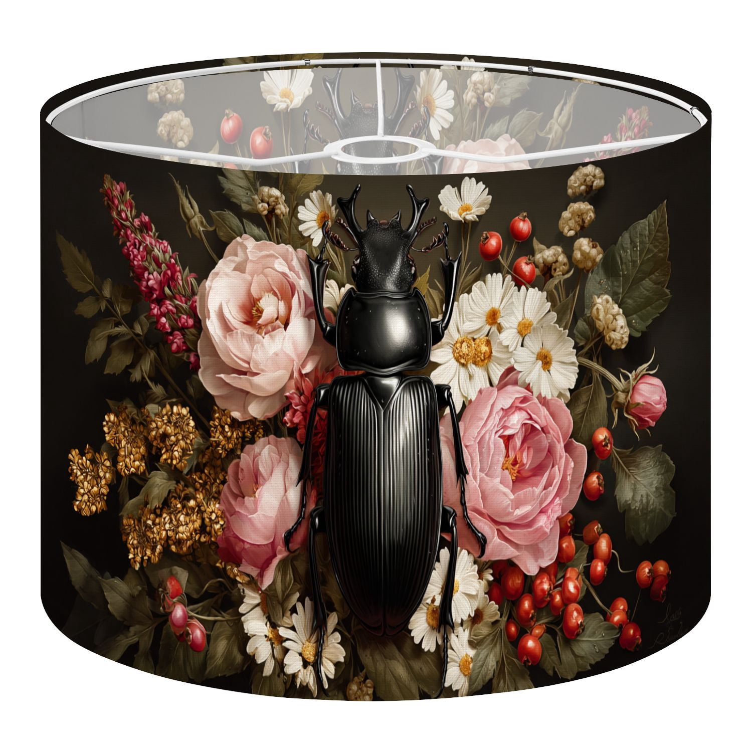 Gothic Linen Drum Lampshades Black Beetle Colorful Floral Bouquet Roses Daisies 13"x13"x10" Light Shade for Table Lamps Floor Lamp Shades Lampshade Replacement Assembly Required
