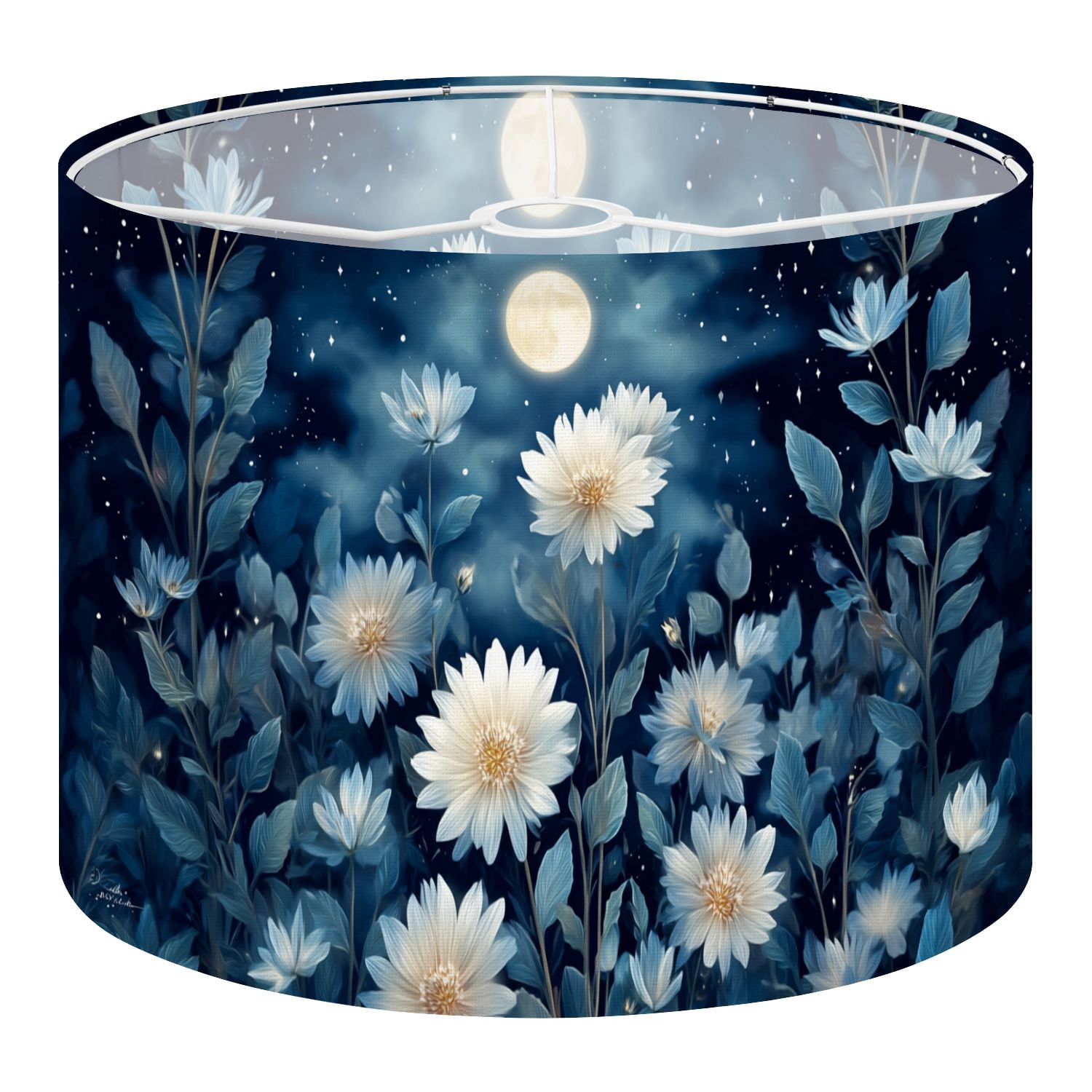 Gothic Linen Drum Lampshades Floral Garden White Flowers Against Dark Sky 13"x13"x10" Light Shade for Table Lamps Floor Lamp Shades Lampshade Replacement Assembly Required
