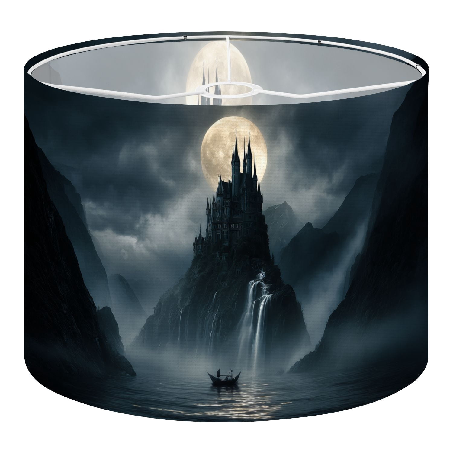 Gothic Linen Drum Lampshades Mystical Castle Rocky Island Moonlight Dark Clouds Waterfalls 13"x13"x10" Light Shade for Table Lamps Floor Lamp Shades Lampshade Replacement Assembly Required