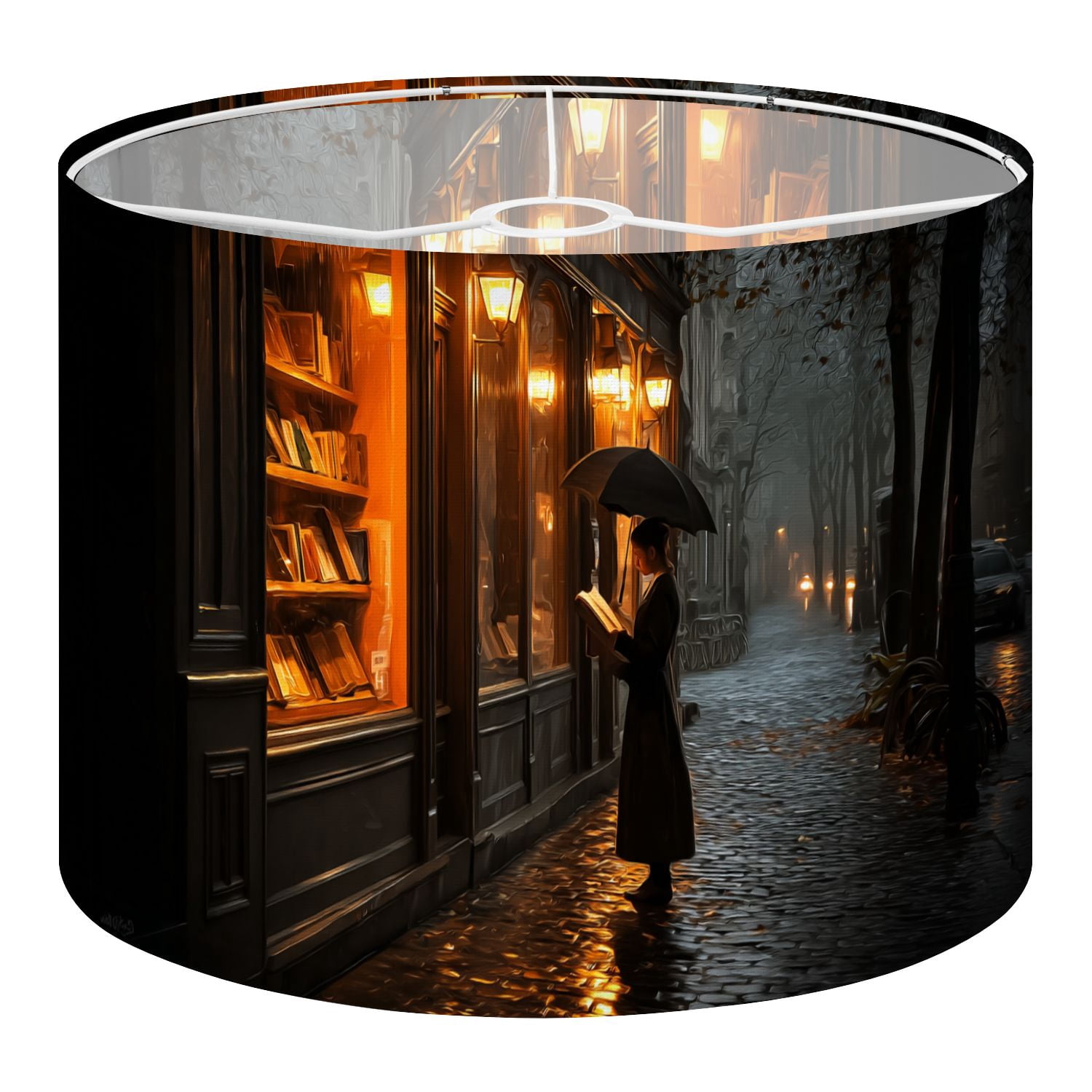 Gothic Linen Drum Lampshades Rainy Evening Street Reading Under Umbrella Warm Lit Bookstore 13"x13"x10" Light Shade for Table Lamps Floor Lamp Shades Lampshade Replacement Assembly Required