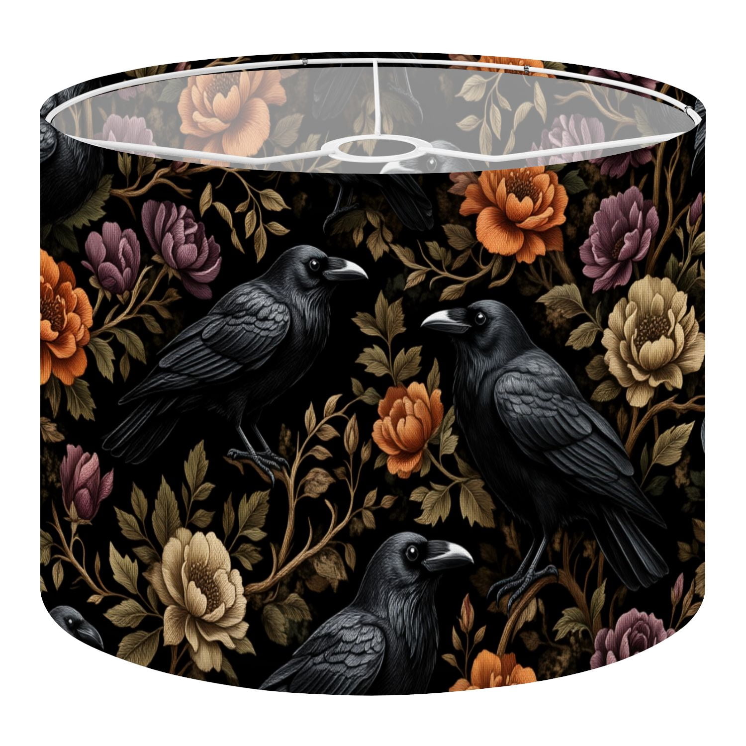 Gothic Linen Drum Lampshades Raven Birds Floral Blossom Vintage Botanical 13"x13"x10" Light Shade for Table Lamps Floor Lamp Shades Lampshade Replacement Assembly Required