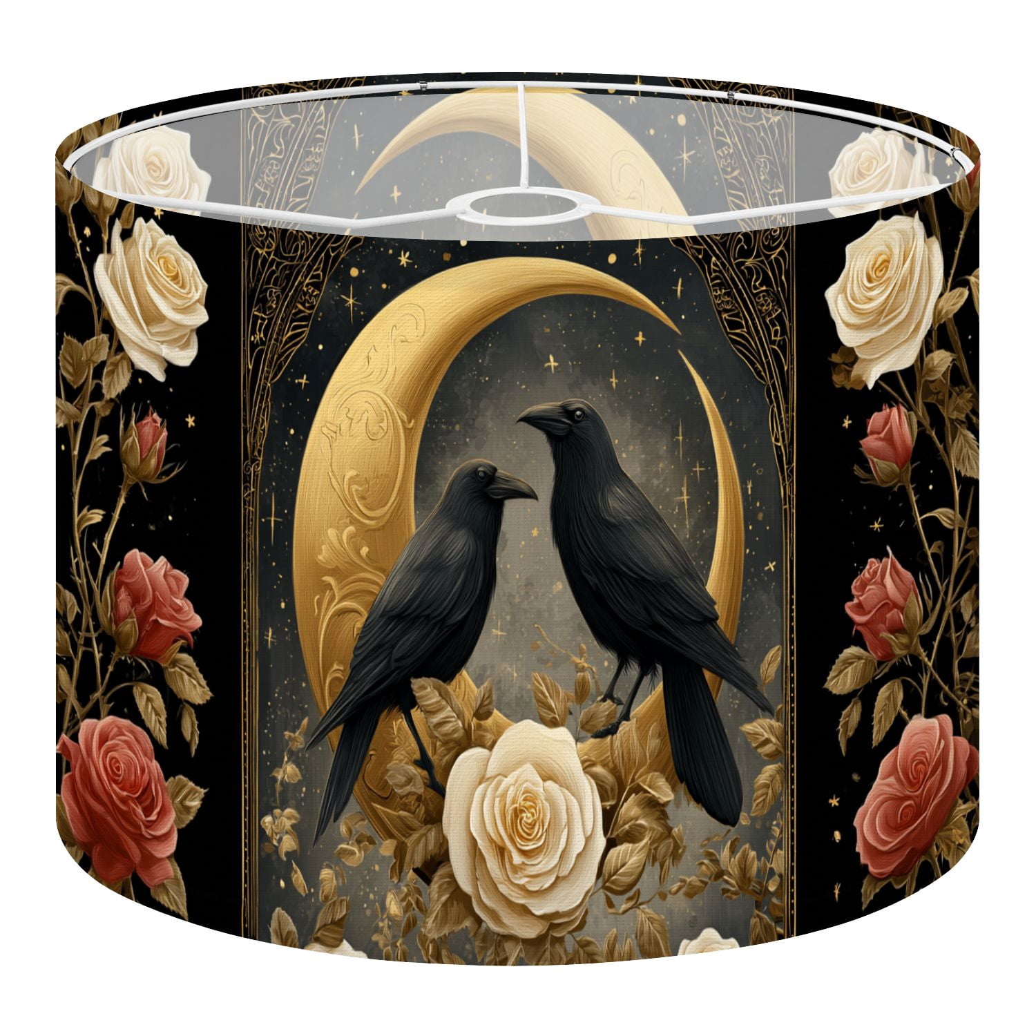 Gothic Linen Drum Lampshades Ravens Golden Crescent Moon Full Roses Magical Night 13"x13"x10" Light Shade for Table Lamps Floor Lamp Shades Lampshade Replacement Assembly Required