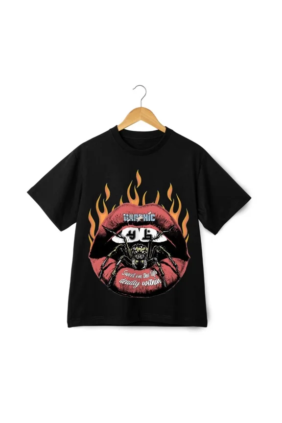 Gothic Lips Spider Fire Flame Rock Style Retro StreetwearUnisex T-Shirt ,up to size 5XL