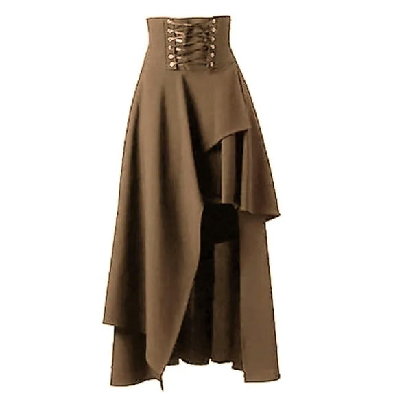 Gothic Lolita Lace Up A Line Skirt For Women Vintage Irregular Hem Solid Y2K Elastic Waist Midi Skirt Ladies Cozy Basic Skirts-Khaki-L