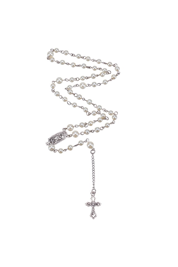 Gothic Long Bead Rosary Cross Necklace White Pearl Beads Rosary Necklace Pearl Cross Vintage Necklaces Crucifix with Medal Pendant Necklaces