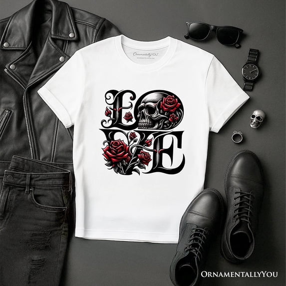 Gothic Love Skull Roses T-Shirt, Dark Valentine Romance Tee