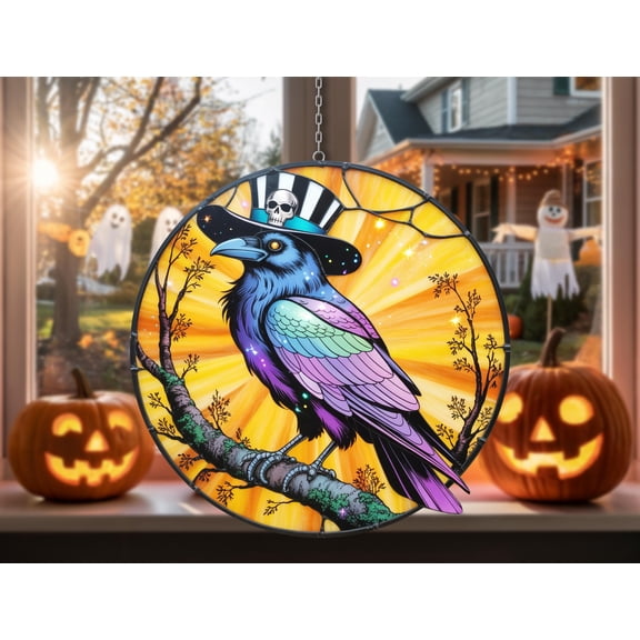 Gothic Magic Crow Suncatcher – Halloween Window Decor | Mysterious Style Wavy Acrylic Art