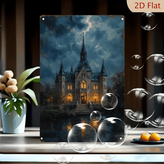 Gothic Mansion at Night 8x12 Inches Metal Wall Art, Dark Clouds Lightning Storm Horror Fantasy House Decor with Golden Windows and Grand Staircase