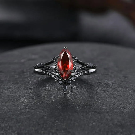 Gothic Marquise Garnet Engagement Ring Set – V-Shape Garnet Bridal Set in 14K Black Gold Vermeil – Unique Promise Ring