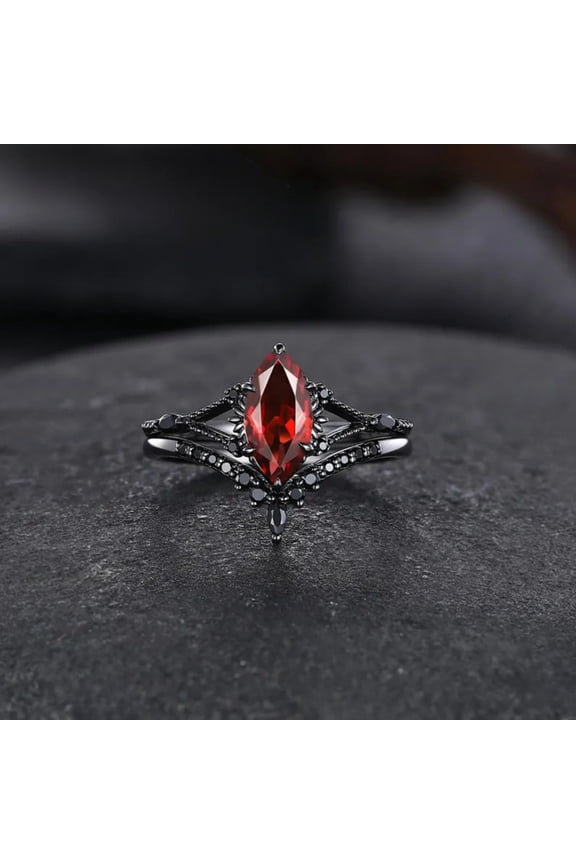 Gothic Marquise Garnet Engagement Ring Set – V-Shape Garnet Bridal Set in 14K Black Gold Vermeil – Unique Promise Ring