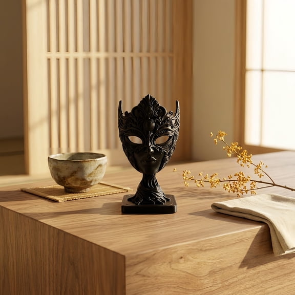 Gothic Masquerade Lady Statue, Venetian Mask Woman Figurine, Dark Vintage Female Sculpture for Desktop Shelf Table Home Decor, Elegant Mysterious Ornament for Halloween Party Decoration