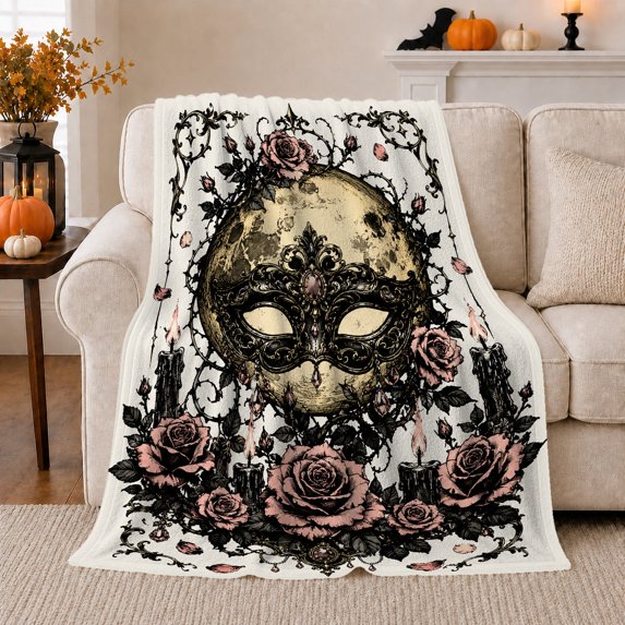Gothic Masquerade Moon Thorny Rose Scene, Mystical Celestial Art Scene, Warm Flannel Blanket for Home Library and Reading Nook, Celestial Art Lovers Valentine's Day Gift, Celestial Home Decor