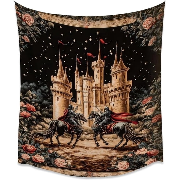 Gothic Medieval Castle Tapestry Vintage Knight on Horse Wall Hanging with Botanical Flowers Boho Aesthetic Decor for Living Room or Dorm White 30 x 40 Inch