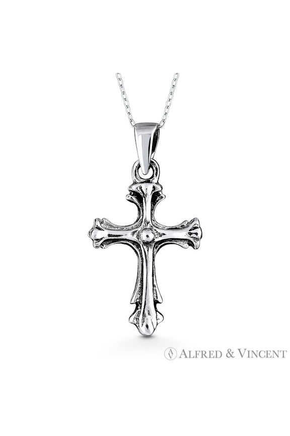 Gothic Medieval Cross Christian Charm Pendant & Chain Necklace in Oxidized .925 Sterling Silver