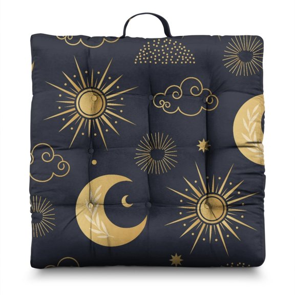 Gothic Meditation Pouf Supportive Square Floor Cushion with Mystical Sun & Moon Aesthetic