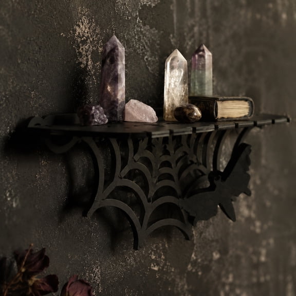 Gothic Metal Spiderweb Shelves - Goth Decor Shelf for Crystal Display, Black Witchy Style Spider & Luna Moth Floating Shelves - Halloween Wall Hanging Shelf - Spooky Home Decor for Room (C)