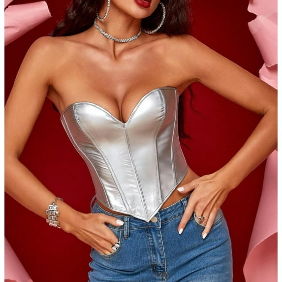 Gothic Metallic Lace Up Back Hanky Hem PU Leather Underbust Corset Top for Women