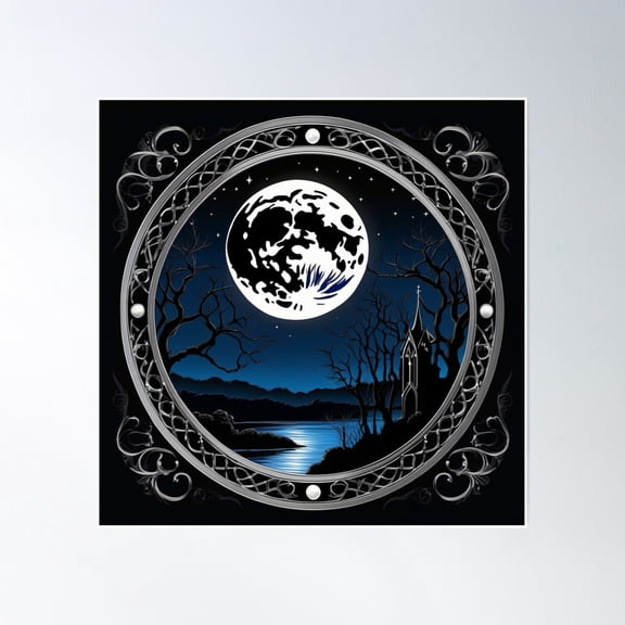 Gothic Midnight Full Moon Poster Wall Art, Modern Wall Decor, 16x16 UNFRAMED