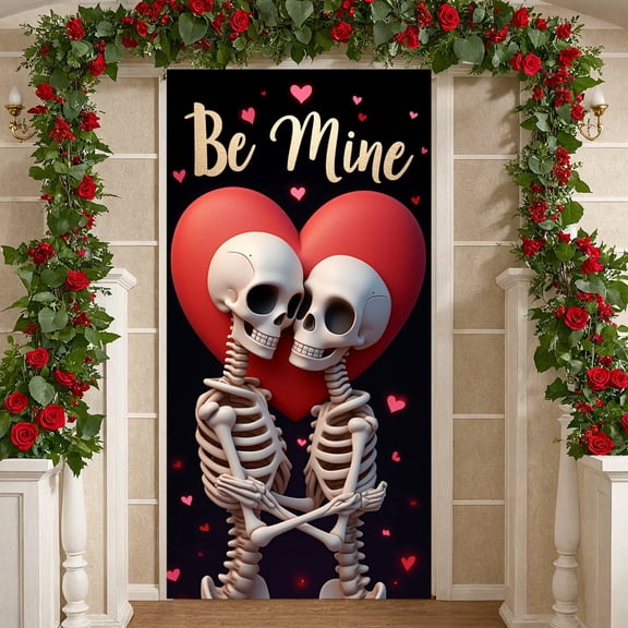 Gothic  Be Mine Banner Skeleton Pattern Skeleton Love Display Red Heart Design Black Background Gothic Heart Backdrop for Valentine's Day Party Gothic Anniversary Couples Celebration