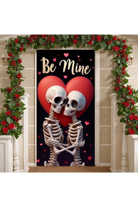 Gothic Be Mine Banner Skeleton Pattern Skeleton Love Display Red Heart Design Black Background Gothic Heart Backdrop for Valentine's Day Party Gothic Anniversary Couples Celebration
